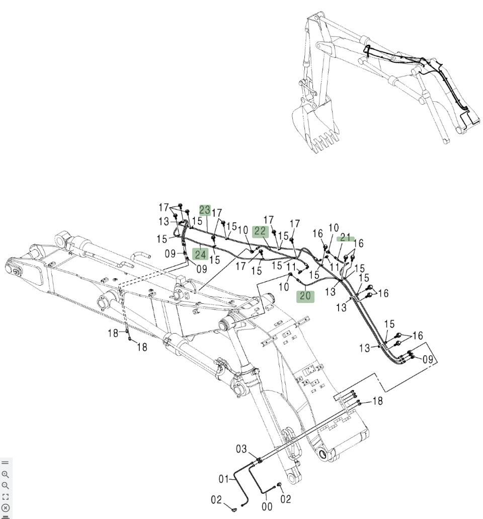 Hitachi ZX210W installation diagram showing hydraulic hose 4482948 at Pipe No. 21