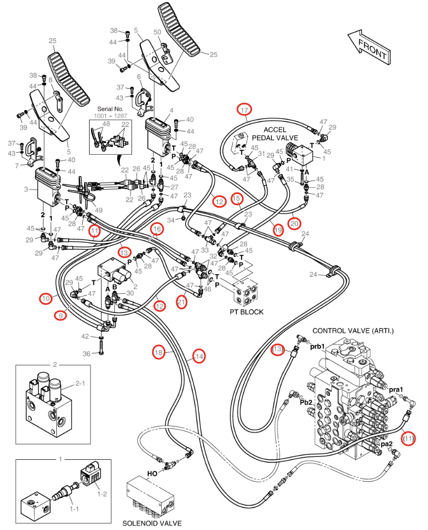 Doosan DX140W-5 installation diagram showing hydraulic hose DS2120109 at Pipe No. 16