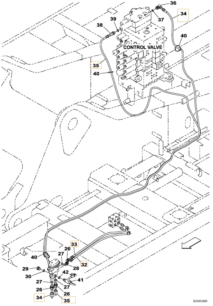 Case CX350B installation diagram showing hydraulic hose KHJ18110 at Pipe No. 34