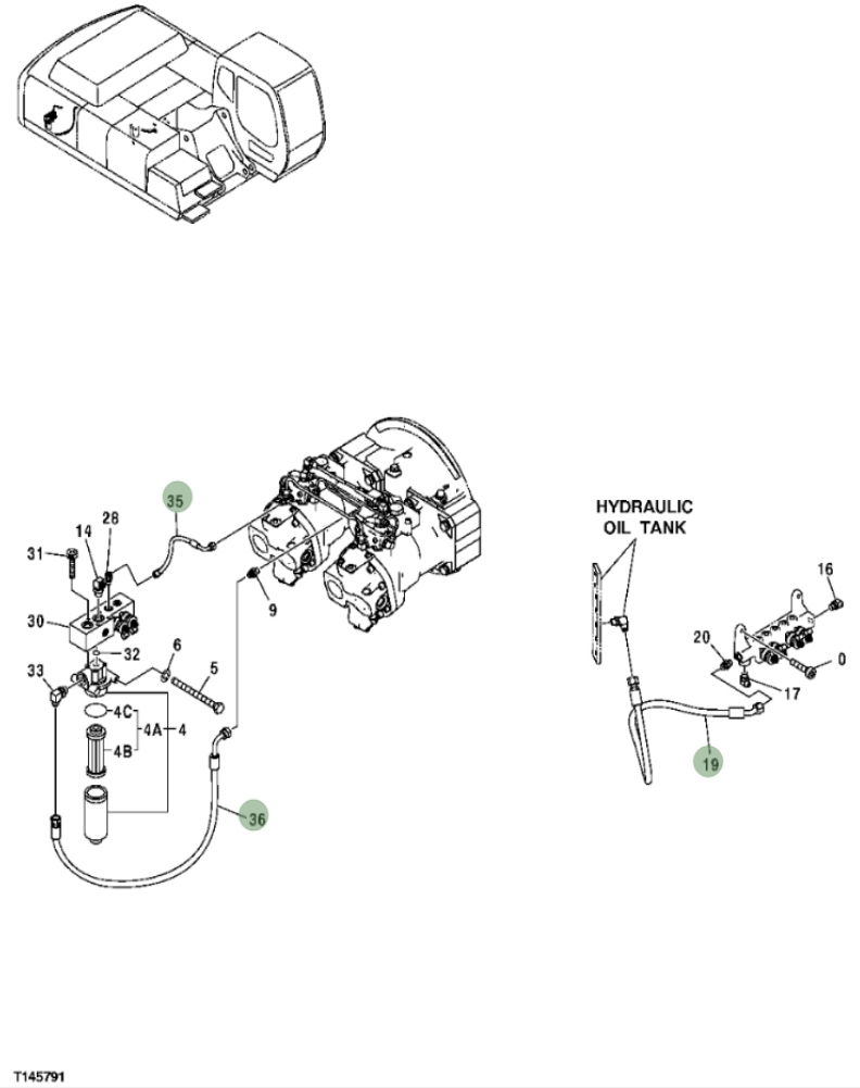 Hitachi ZX350F installation diagram showing hydraulic hose 4618606 at Pipe No. 35