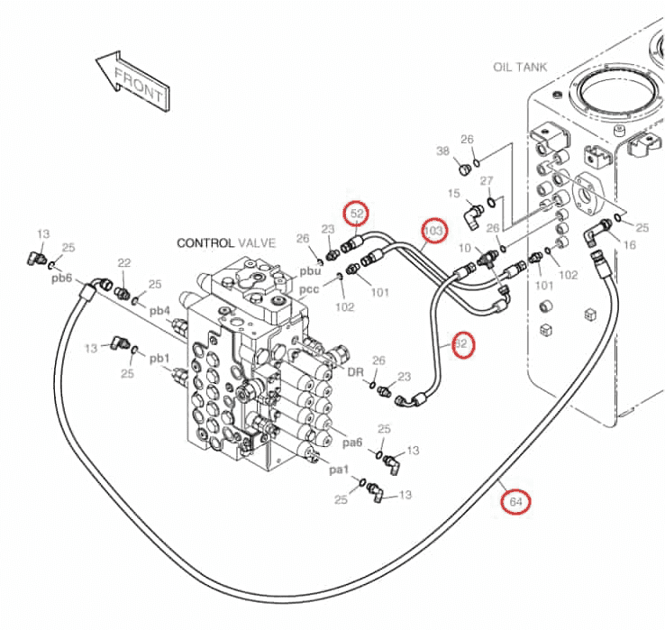 Doosan DX160LC installation diagram showing hydraulic hose DS2093102 at Pipe No. 62