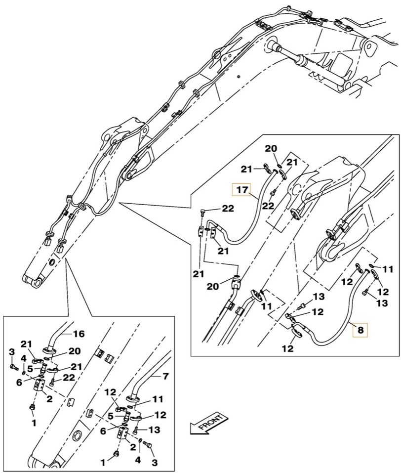 Case CX300B installation diagram showing hydraulic hose KBV16090 at Pipe No. 8