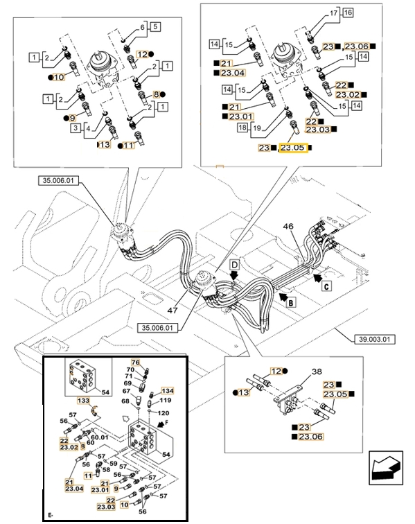 Case CX220C installation diagram showing hydraulic hose 159217A1 at Pipe No. 21