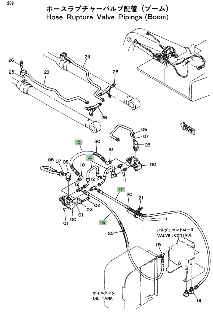 Hitachi EX100 installation diagram showing hydraulic hose 4207963 at Pipe No. 15