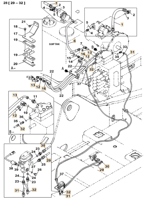 Case CX220C installation diagram showing hydraulic hose KHJ18020 at Pipe No. 32