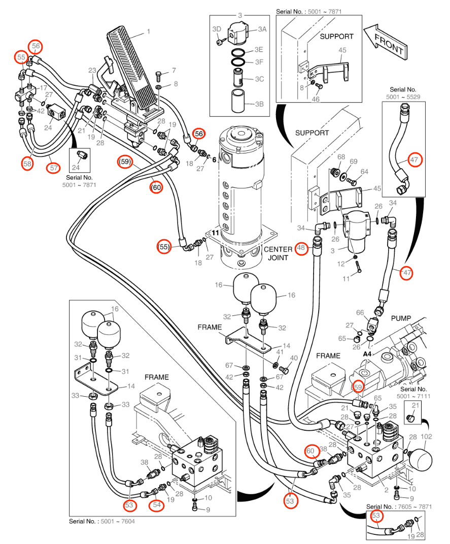 Doosan DX55W installation diagram showing hydraulic hose DS2054444 at Pipe No. 47