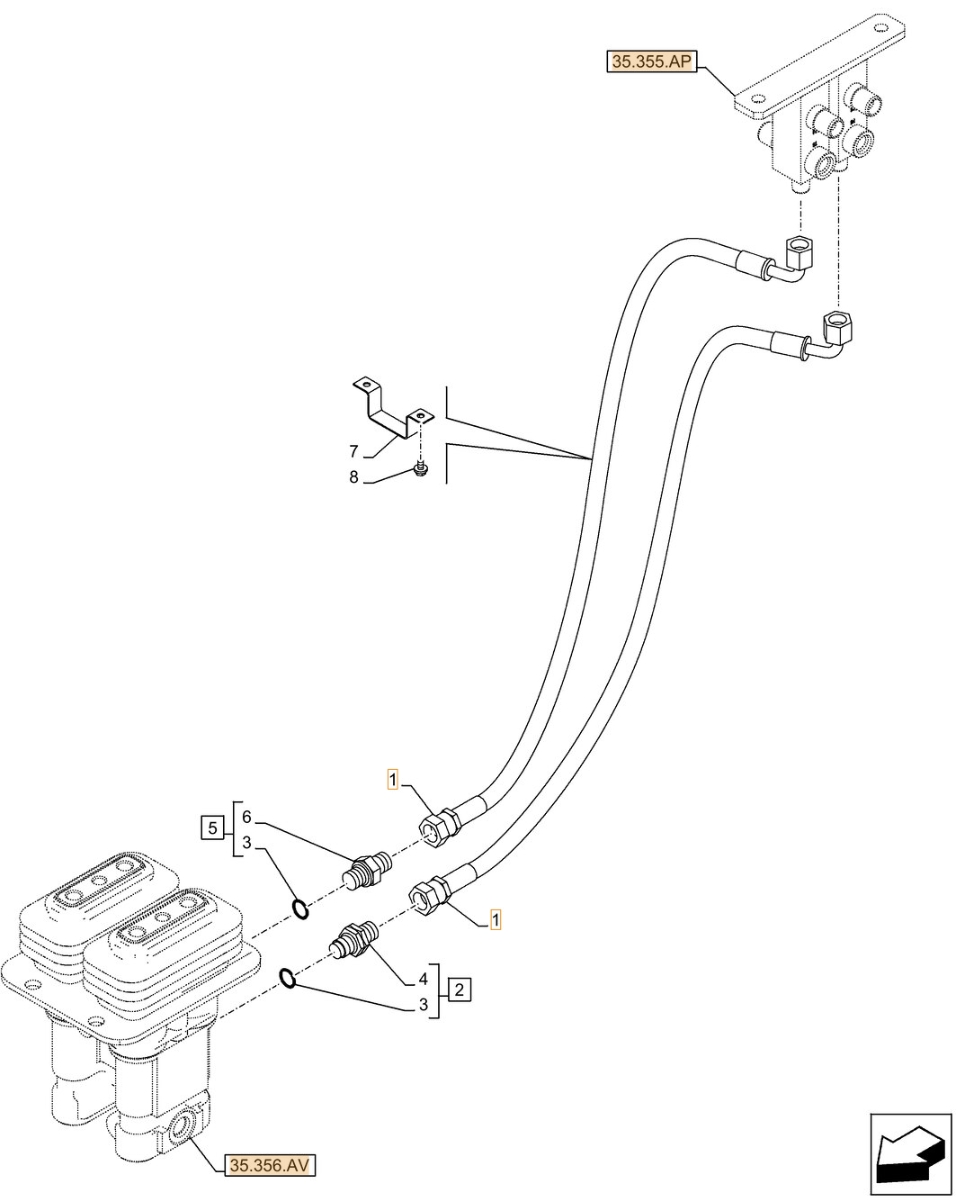 Case CX490D RTC installation diagram showing hydraulic hose KHJ2093 at Pipe No. 1