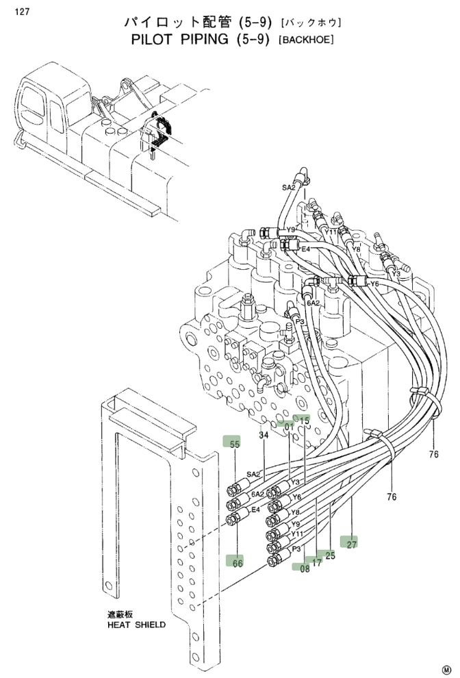 Hitachi EX750-5 installation diagram showing hydraulic hose 4375850 at Pipe No. 27