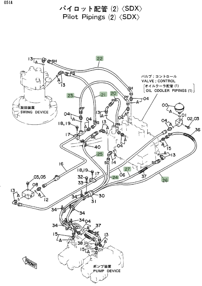Hitachi EX300LC installation diagram showing hydraulic hose 4207926 at Pipe No. 21