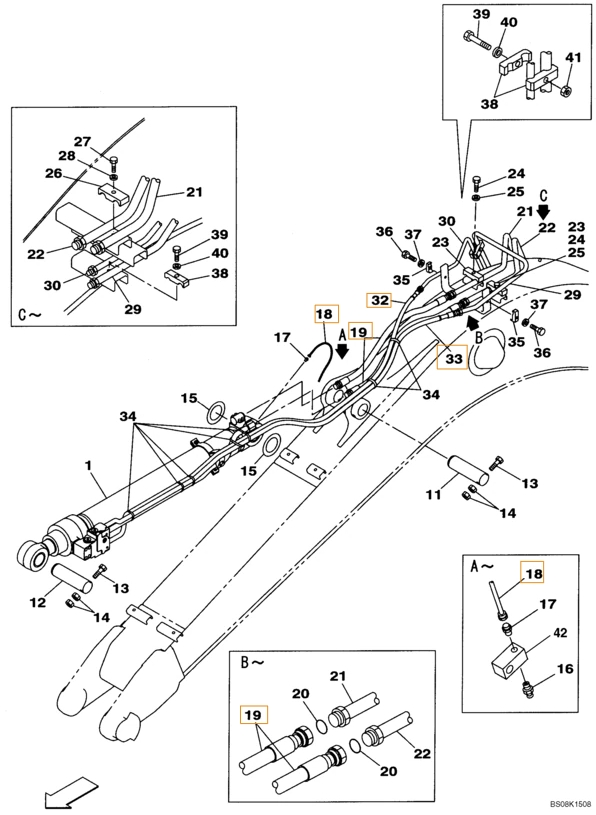 Case CX135SR installation diagram showing hydraulic hose KRV2405 at Pipe No. 19