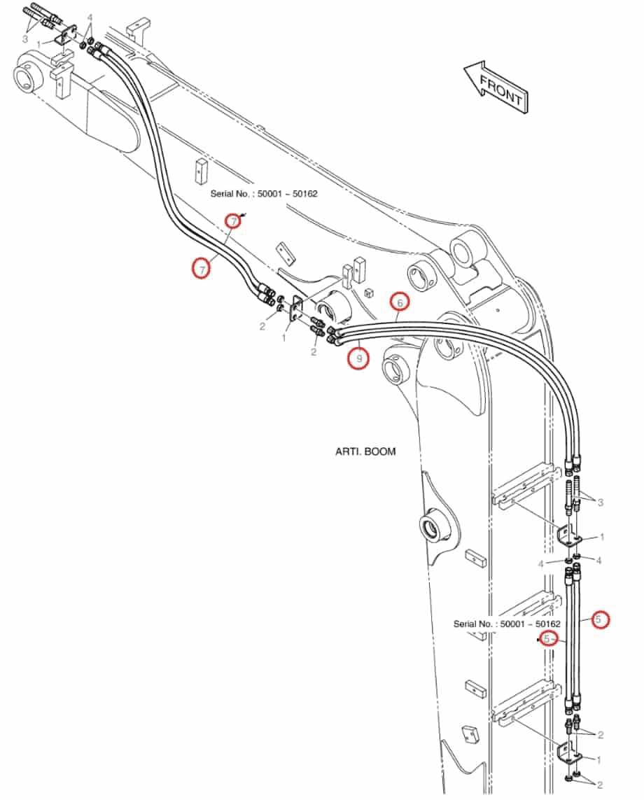 Doosan DX80R installation diagram showing hydraulic hose 2184-1060D53 at Pipe No. 6