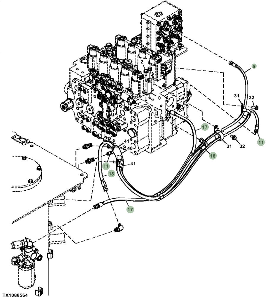Hitachi ZX470-5A installation diagram showing hydraulic hose 4713490 at Pipe No. 5