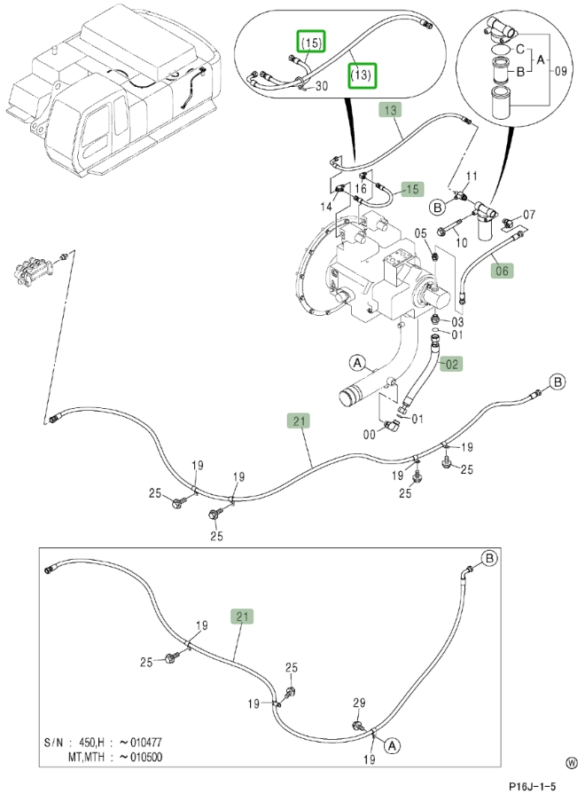 Hitachi ZX450LC installation diagram showing hydraulic hose 4436884 at Pipe No. 6
