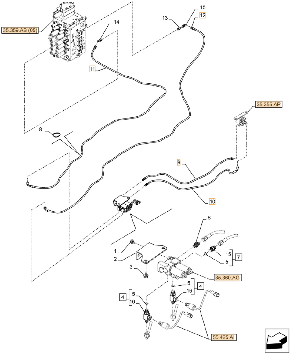 Case CX250D LC LR installation diagram showing hydraulic hose KHJ2088 at Pipe No. 10