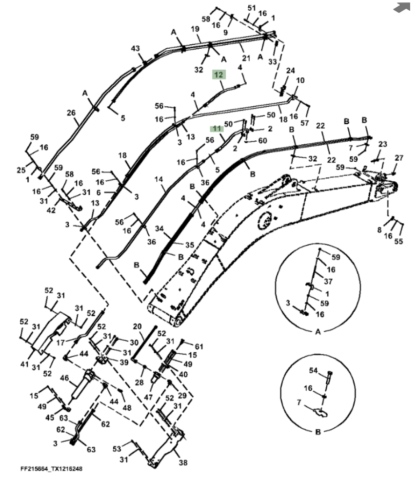 Hitachi ZX260FLC-FE-6N installation diagram showing hydraulic hose 4628532 at Pipe No. 12
