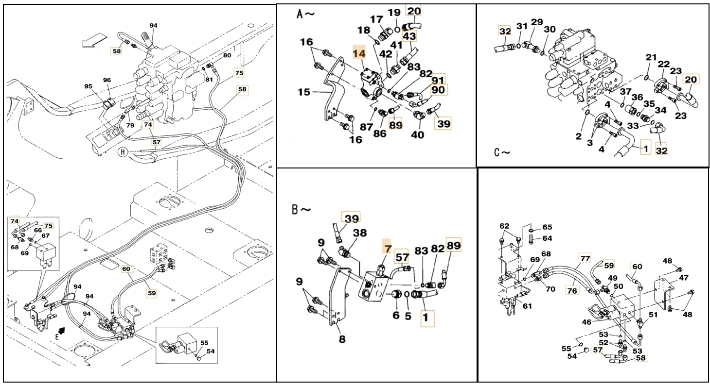 Case CX130B installation diagram showing hydraulic hose KHJ16300 at Pipe No. 58