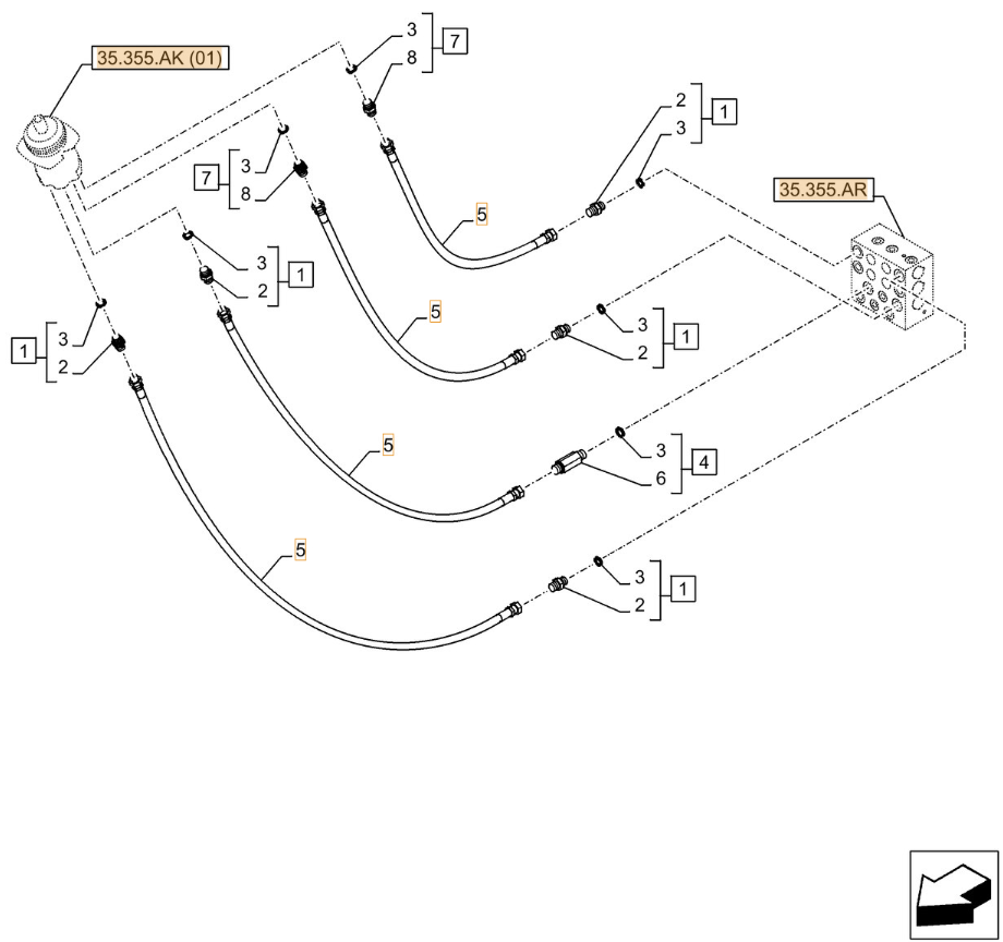 Case CX250D LC installation diagram showing hydraulic hose 159217A1 at Pipe No. 5