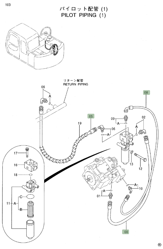 Hitachi EX80-5 installation diagram showing hydraulic hose 4374024 at Pipe No. 0