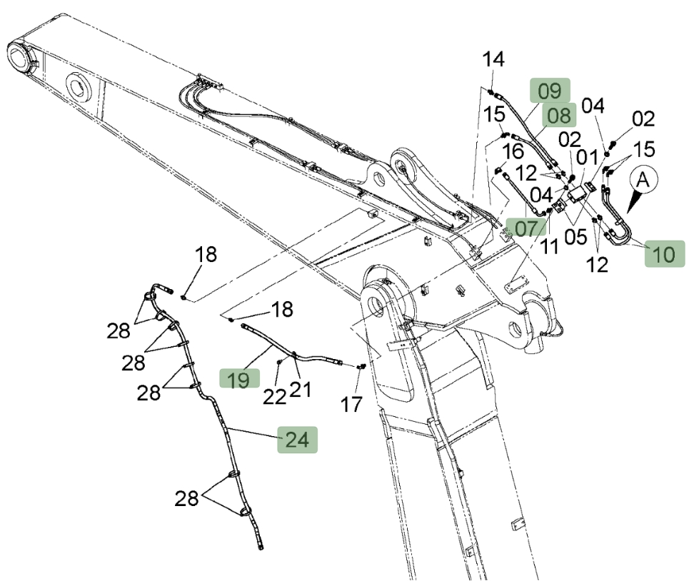 Hitachi ZX450LC-3 installation diagram showing hydraulic hose 4306078 at Pipe No. 19