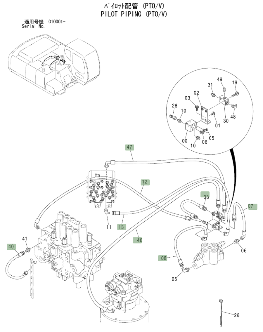 Hitachi ZX230LC installation diagram showing hydraulic hose 4402701 at Pipe No. 40