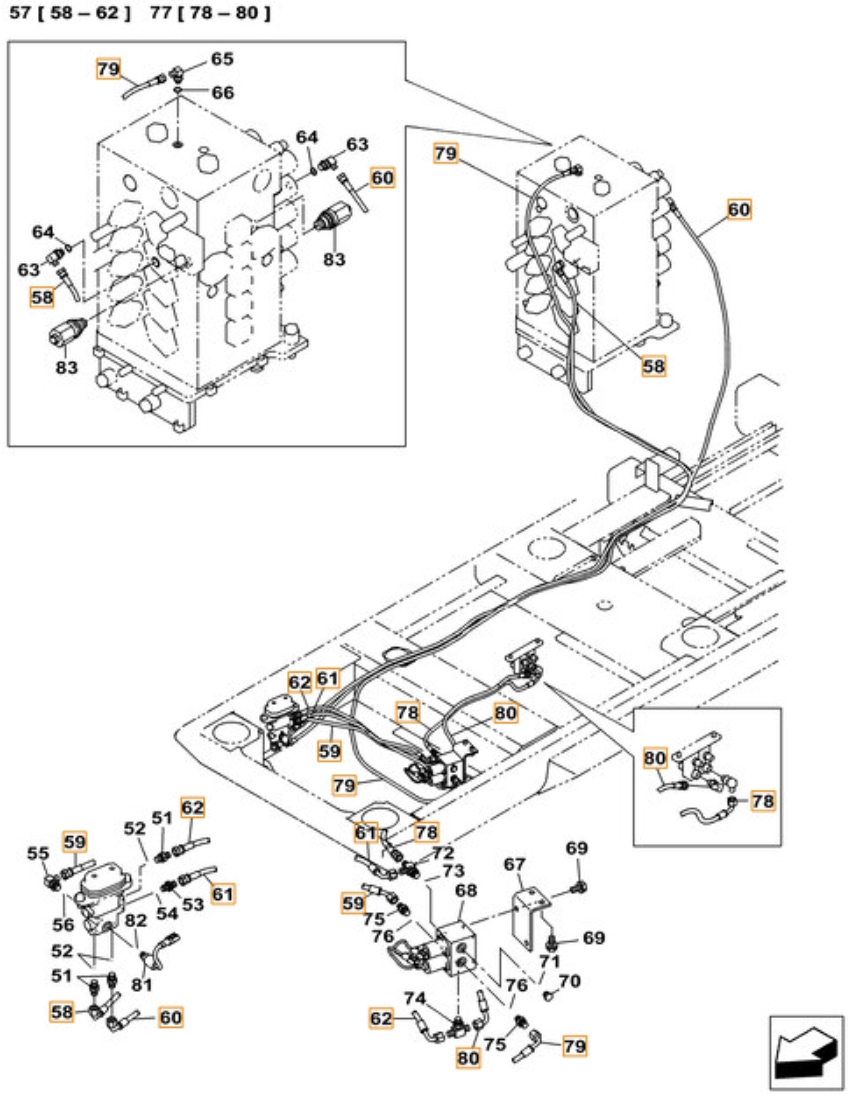Case CX490C installation diagram showing hydraulic hose KHJ14650 at Pipe No. 59
