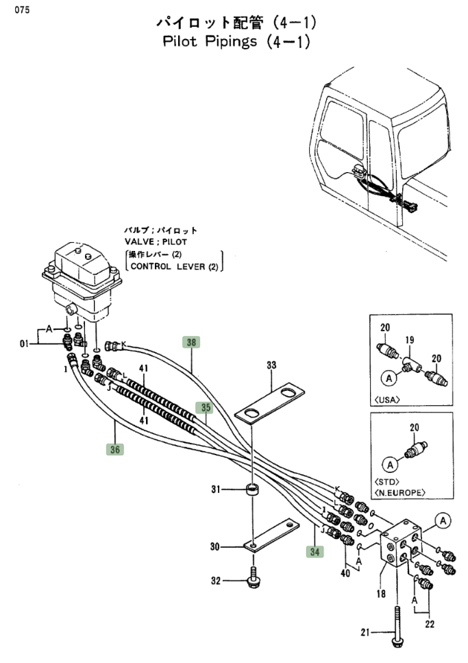 Hitachi EX100-2 installation diagram showing hydraulic hose 4281535 at Pipe No. 36