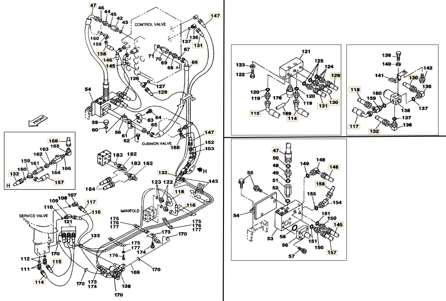 Case CX230 installation diagram showing hydraulic hose 159235A1 at Pipe No. 158