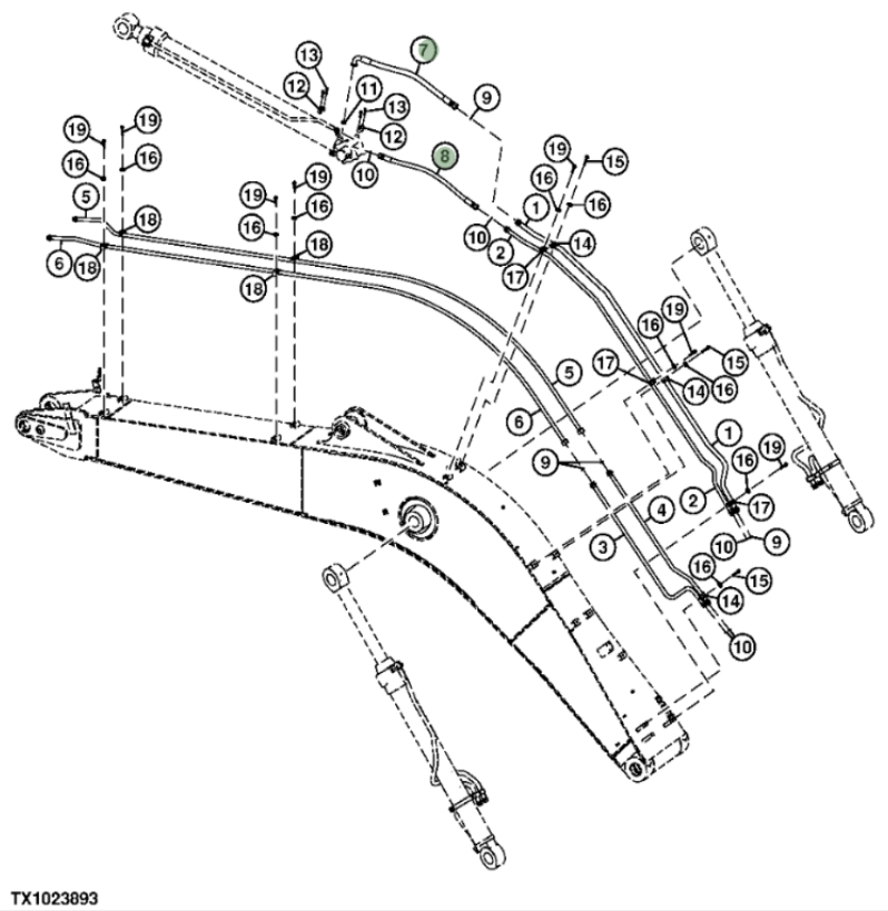 Hitachi ZX240F-3 installation diagram showing hydraulic hose 4628532 at Pipe No. 8