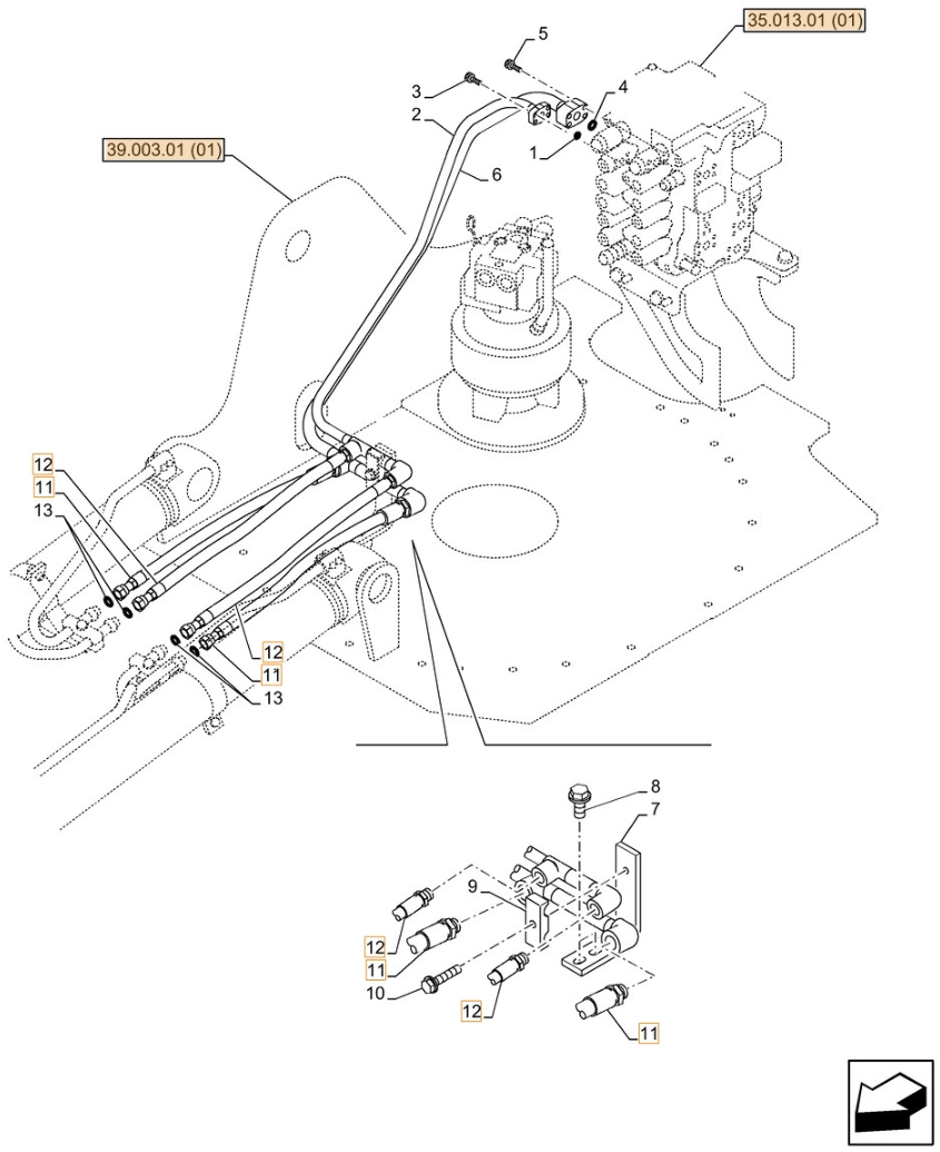 Case CX130C installation diagram showing hydraulic hose KLJ10660 at Pipe No. 11