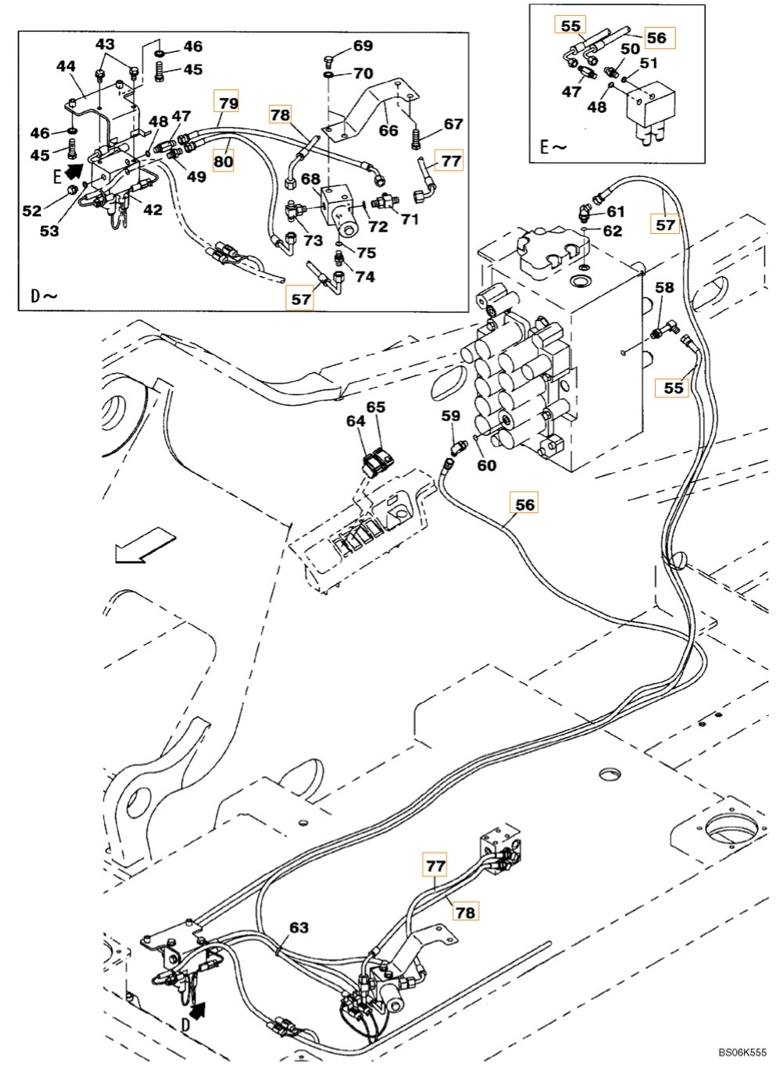 Case CX210BLR installation diagram showing hydraulic hose KHJ2198 at Pipe No. 55