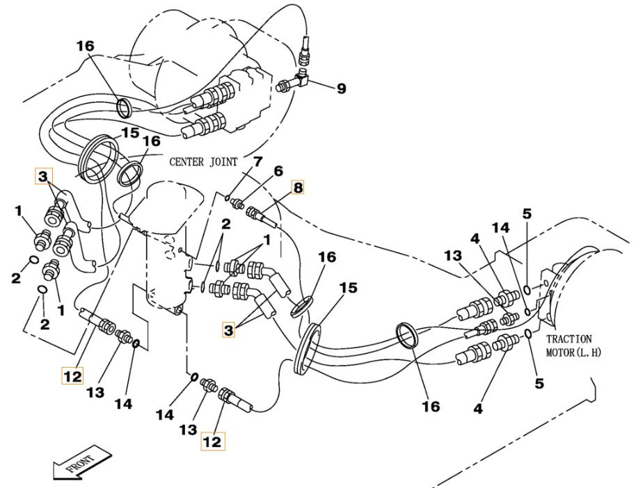 Case CX250C installation diagram showing hydraulic hose KBA1082 at Pipe No. 3