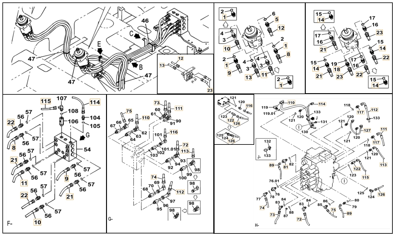 Case CX130C-8 installation diagram showing hydraulic hose 159213A1 at Pipe No. 23