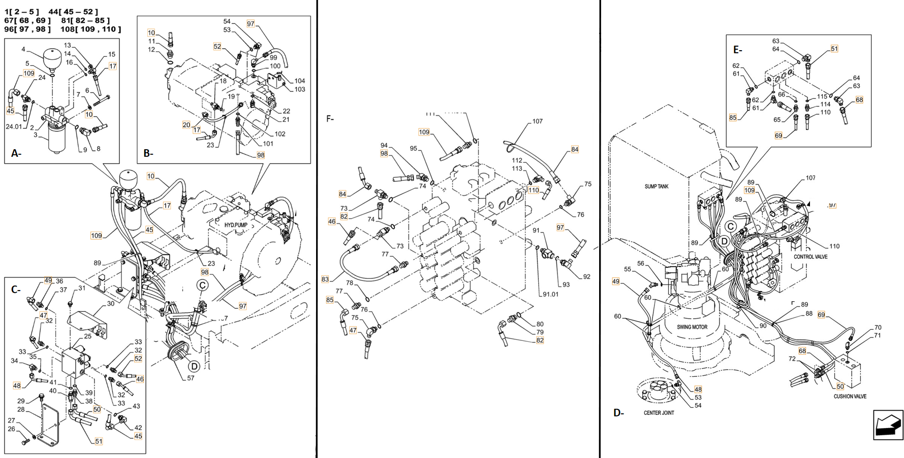 Case CX250C LC installation diagram showing hydraulic hose KHJ2190 at Pipe No. F83