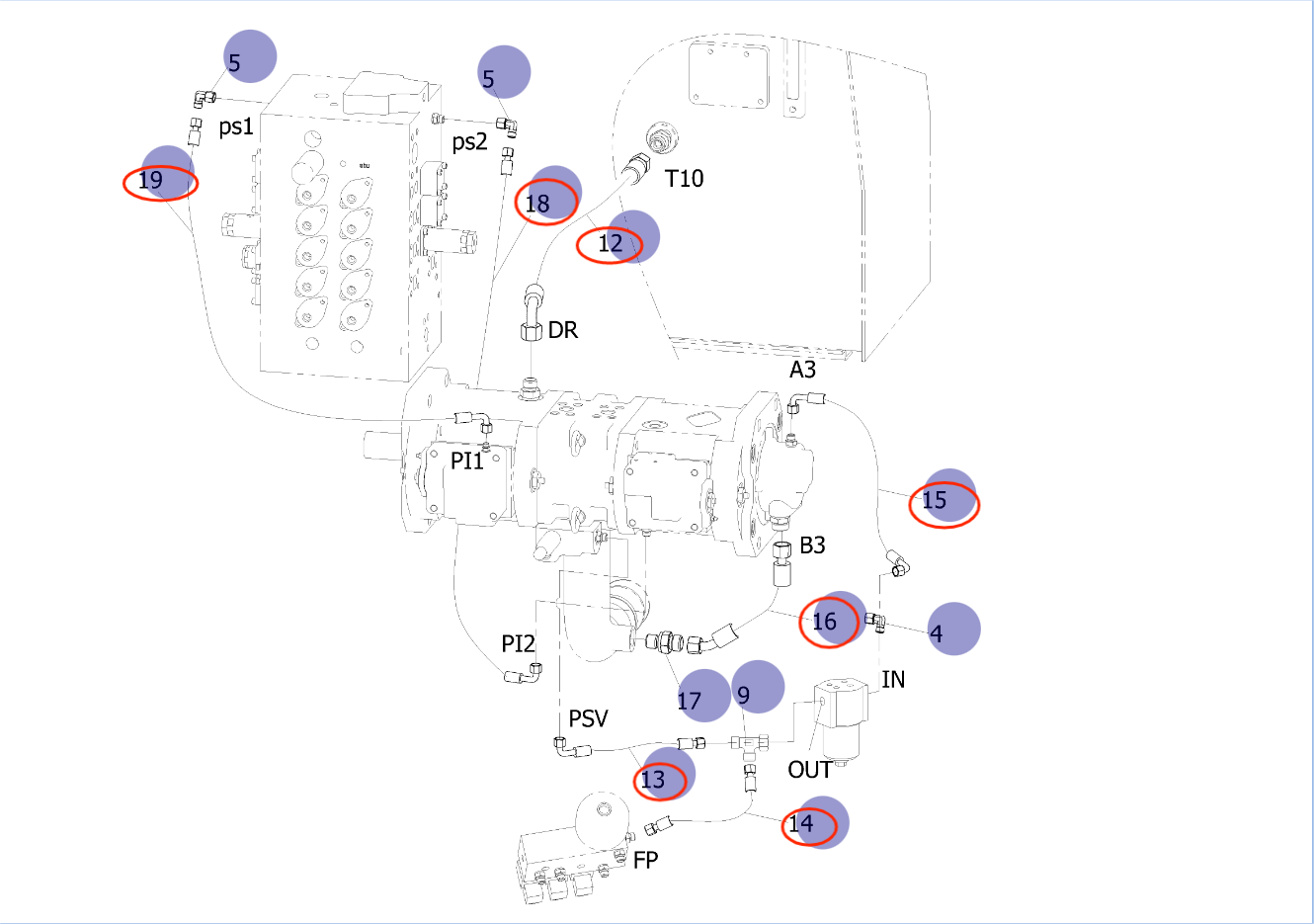 Sunward SWE150E installation diagram showing hydraulic hose 73050200A086 at Pipe No. 15