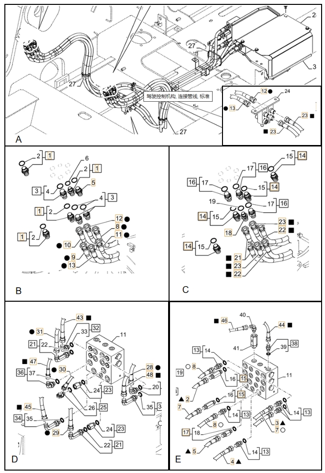 Case CX130D installation diagram showing hydraulic hose 159217A1 at Pipe No. C21-E7