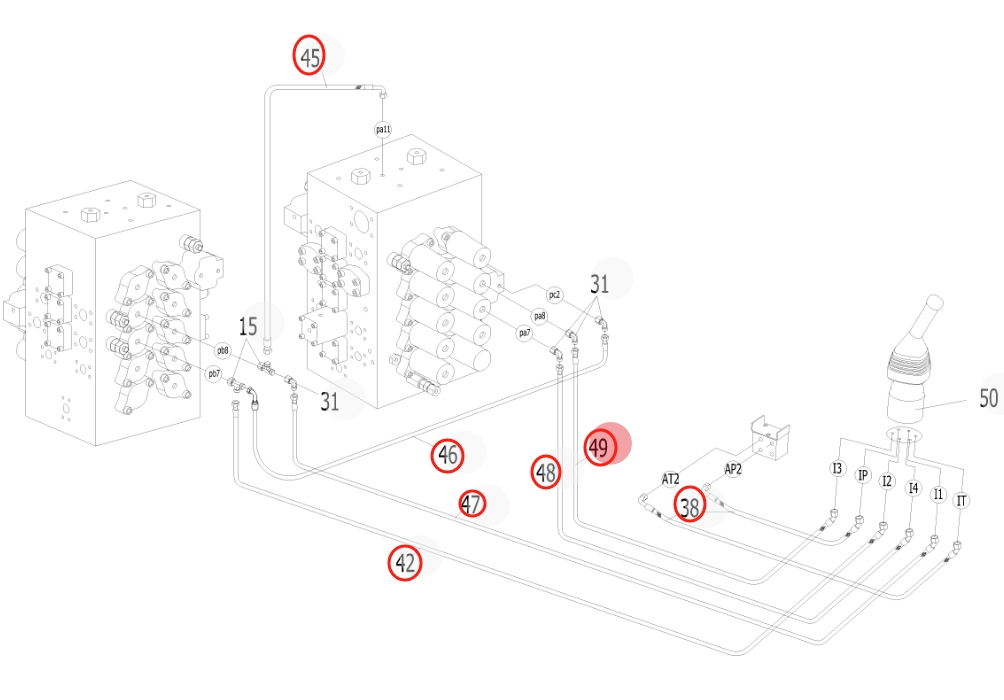 Sunward SWE500ES installation diagram showing hydraulic hose 730502002947 at Pipe No. 46