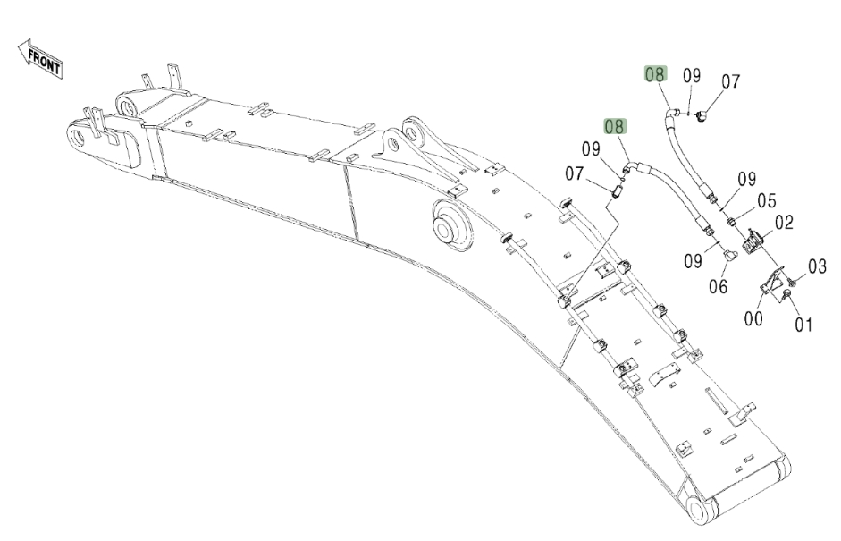 Hitachi ZX450LC installation diagram showing hydraulic hose 4343209 at Pipe No. 8