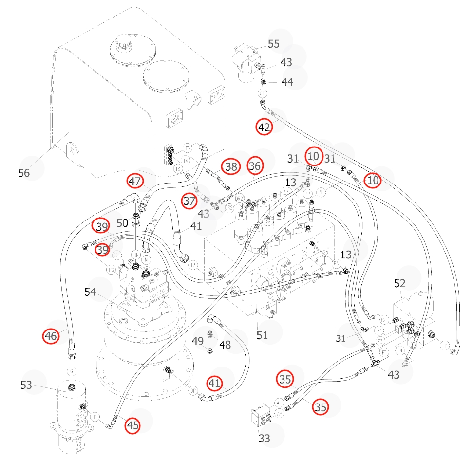 Sunward SWE400E-3H installation diagram showing hydraulic hose 730501000465 at Pipe No. 38