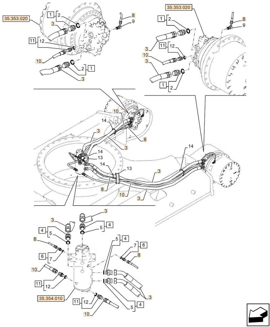 Case CX240E NHD installation diagram showing hydraulic hose 152435A1 at Pipe No. 10