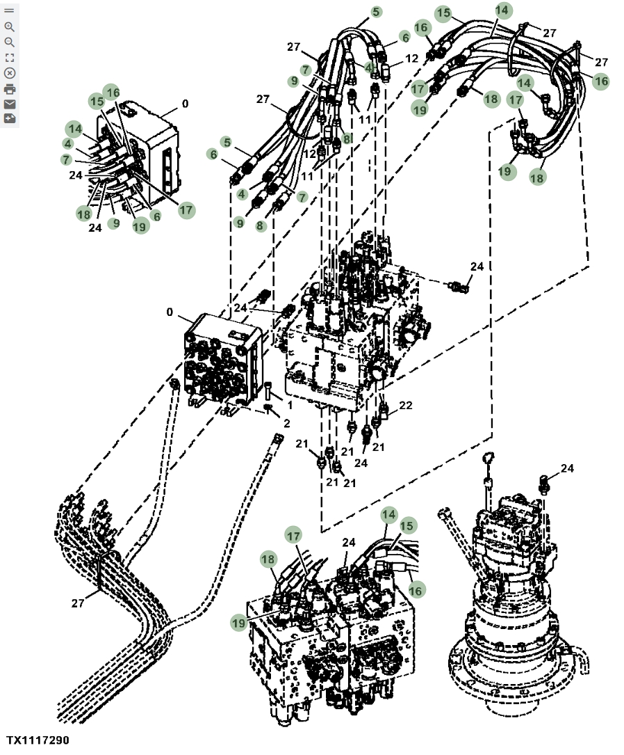 Hitachi ZX135US-5N installation diagram showing hydraulic hose 4630935 at Pipe No. 17