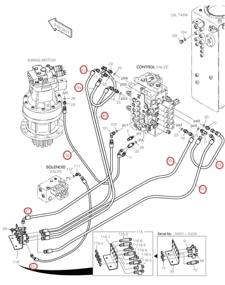 Doosan DX160LC installation diagram showing hydraulic hose DS2093036 at Pipe No. 50