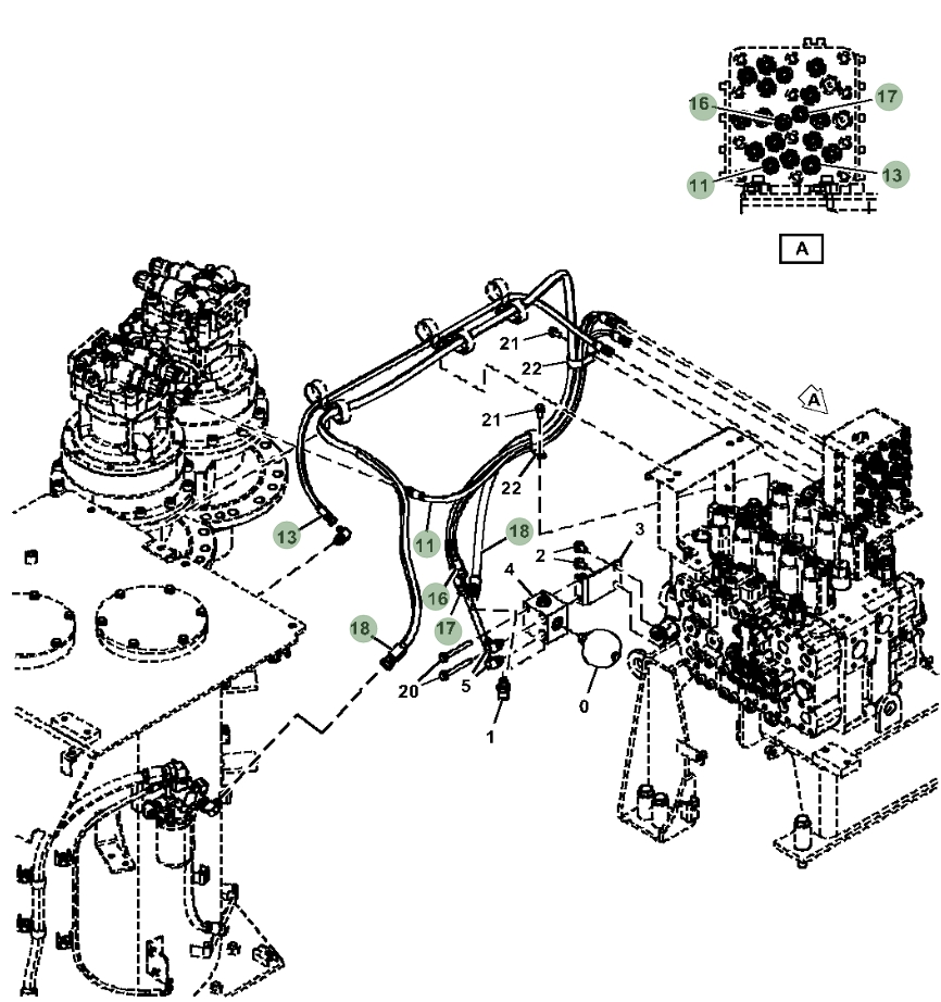 Hitachi ZX470-5A installation diagram showing hydraulic hose 4713508 at Pipe No. 13
