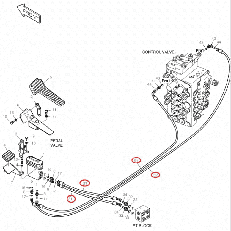 Doosan DX140LCR-3 installation diagram showing hydraulic hose DS2121270 at Pipe No. 52
