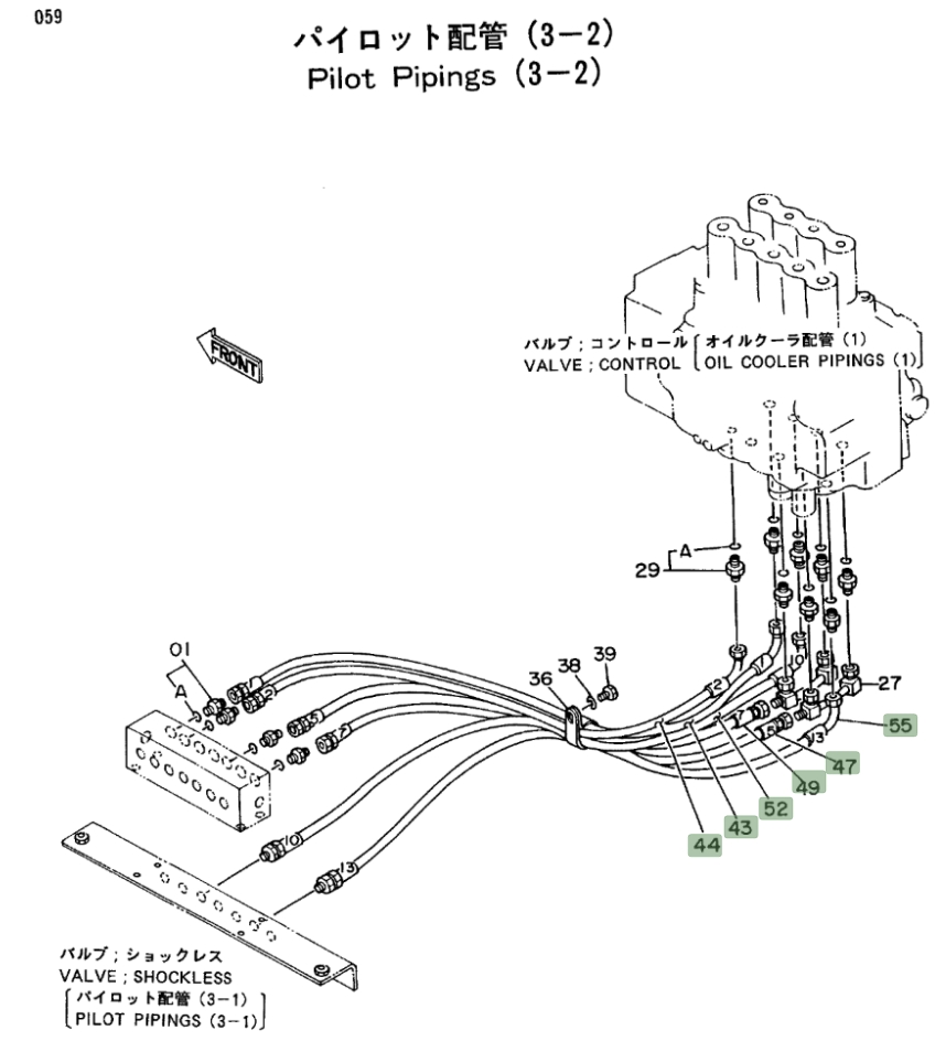 Hitachi EX270LC installation diagram showing hydraulic hose 4203099 at Pipe No. 55