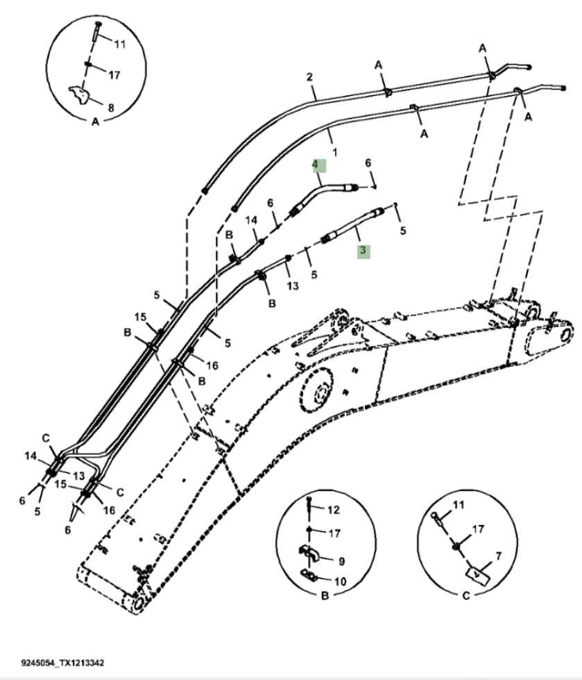 Hitachi ZX370FLC-FE-6N installation diagram showing hydraulic hose 4676587 at Pipe No. 4