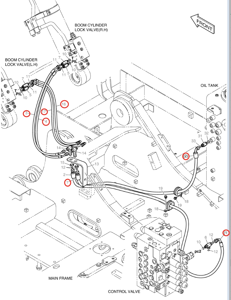Doosan DX160LC-3 installation diagram showing hydraulic hose DS2121267 at Pipe No. 2