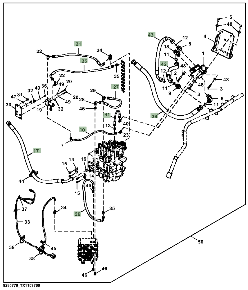 Hitachi ZX130-5N installation diagram showing hydraulic hose 4691498 at Pipe No. 42