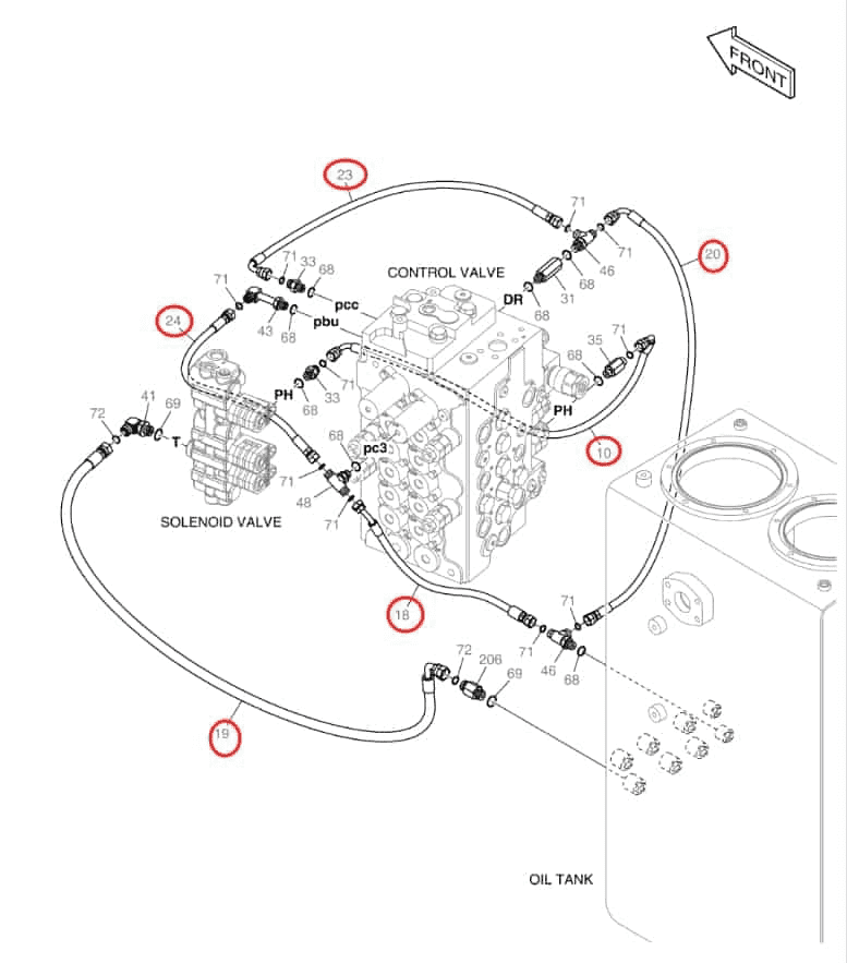 Doosan DX140LCR-5 installation diagram showing hydraulic hose DS2121029 at Pipe No. 20