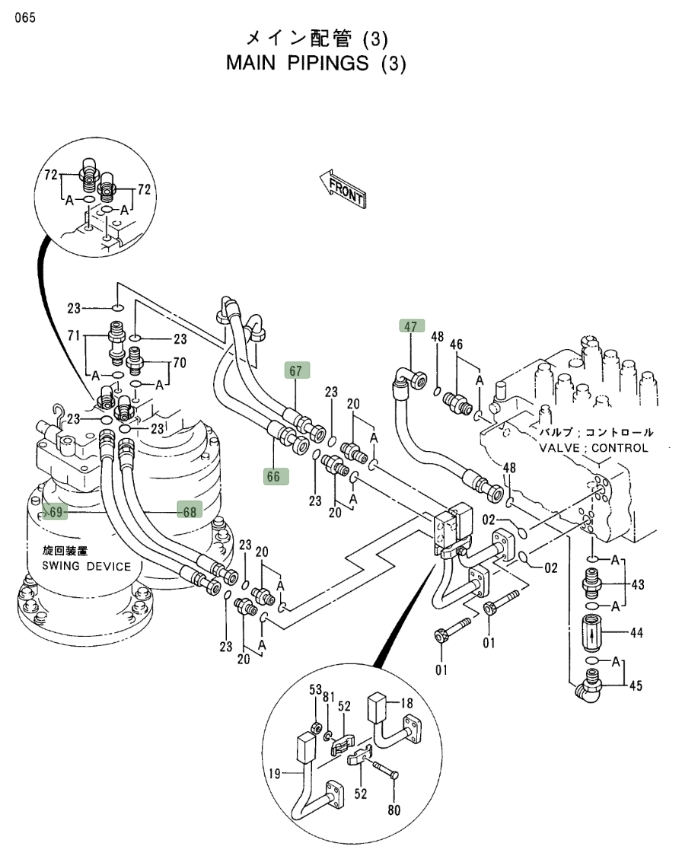 Hitachi EX400LC-3C installation diagram showing hydraulic hose 4188905 at Pipe No. 68