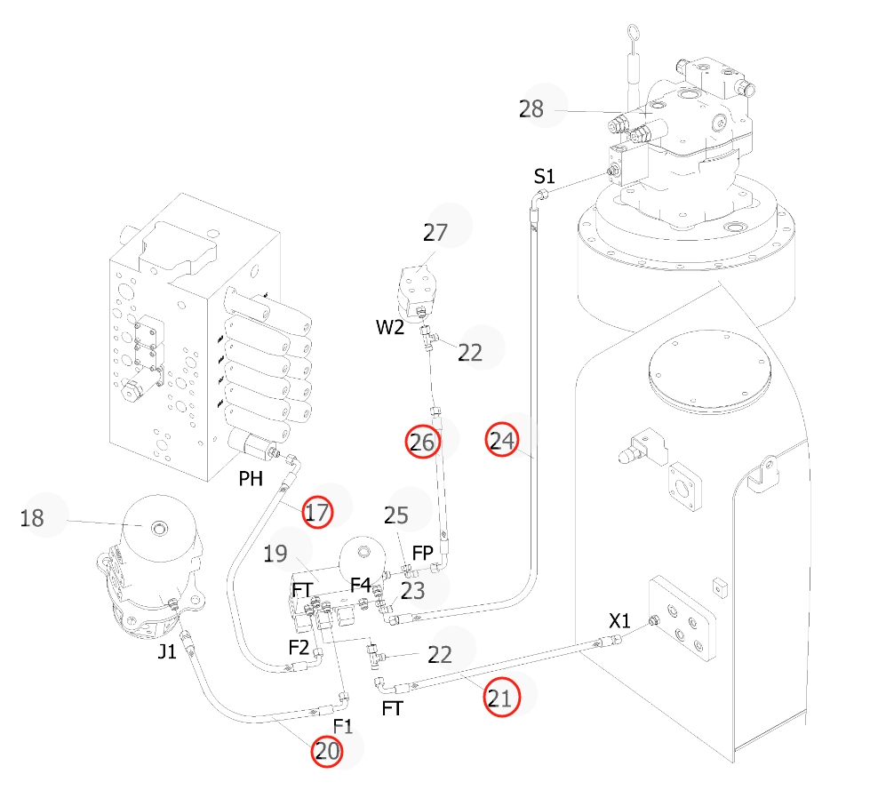Sunward SWE235E-3H installation diagram showing hydraulic hose 730501001428 at Pipe No. 21